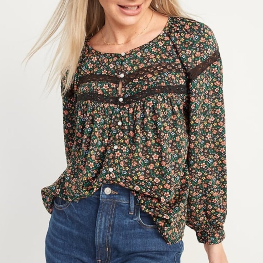 OLD NAVY Long Sleeve Lace Trimmed Floral Print Blouse Brown Button Cottagecore